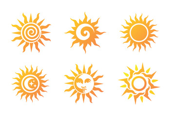 Set of orange engraved suns - obrazy, fototapety, plakaty