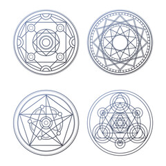 Set of 4 gray alchemy circles. Magic geometric circles - obrazy, fototapety, plakaty
