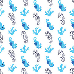 Seamless pattern with sea animals.Wrapping paper, textile. Marine, ocean pattern