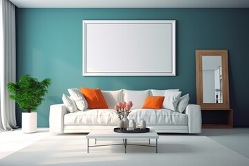 minimal comfy mood living room with a white sofa and empty art wall hanging frame on blue wall, mockup idea, Generative Ai	