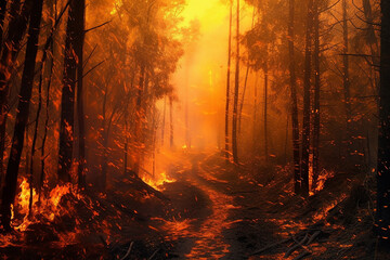 Forest fire. An alley or road among burning trees. Generative AI. - 617776444