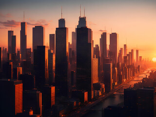 A photorealistic skyline of a huge city in the sunset genereated by ai