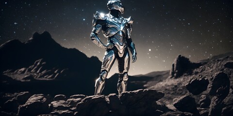 SilverHawk cartoon leader quicksilver standing on moonscape mountain top chrome metallic hawk winged spacesuit background is starry night with thousands of stars and planets in the distance octane 
