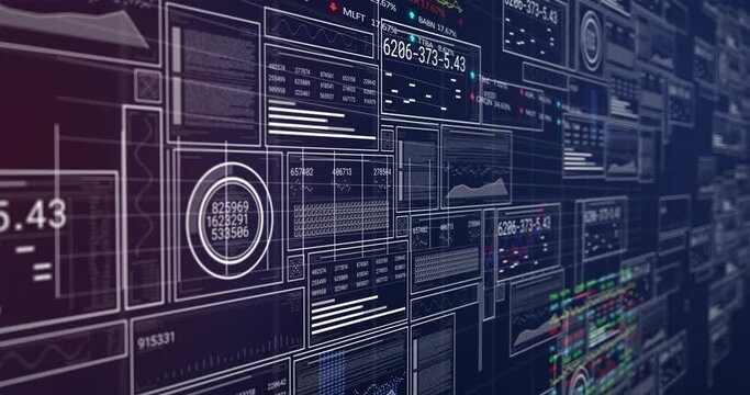 Animation of interface with statistical and stock market data processing against blue background