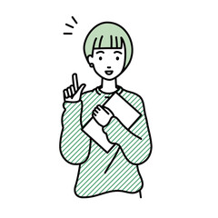 a woman in casual style getting ideas standing with document pointing hand gesture