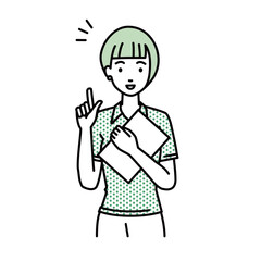 a woman in polo shirt getting ideas standing with document pointing hand gesture