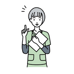 a nurse woman getting ideas standing with document pointing hand gesture