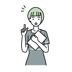 an esthetician, receptionist woman getting ideas standing with document pointing hand gesture