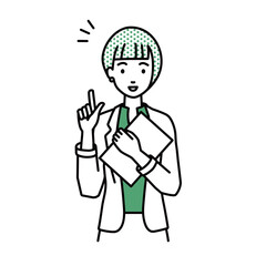 a woman in work jacket style getting ideas standing with document pointing hand gesture