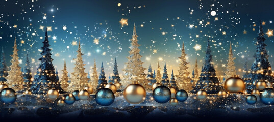 blue tree gold gift christmas toy ball decoration holiday background poster. Generative AI.