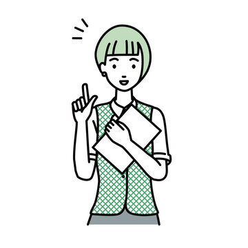 recommend clip art: a woman in clerical uniform getting ideas standing with document pointing hand gesture