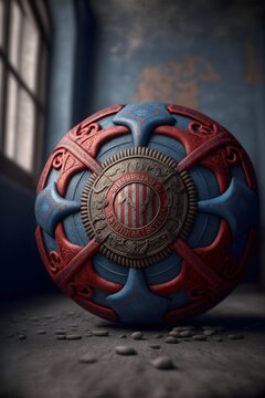 Bayern Munich as an old soccer ball red and blue colours German beer hall red and light blue colours realistic extremely ornate octane render Unreal Engine by Weta Digital by Wt FX by WLOP Cinematic 