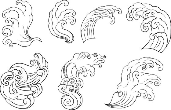 Japanese clouds vector illustration set for tattoo or background design.chinese clouds vector.water splash.wave for element.