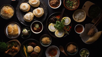 Obraz na płótnie Canvas Top view of various Asian food