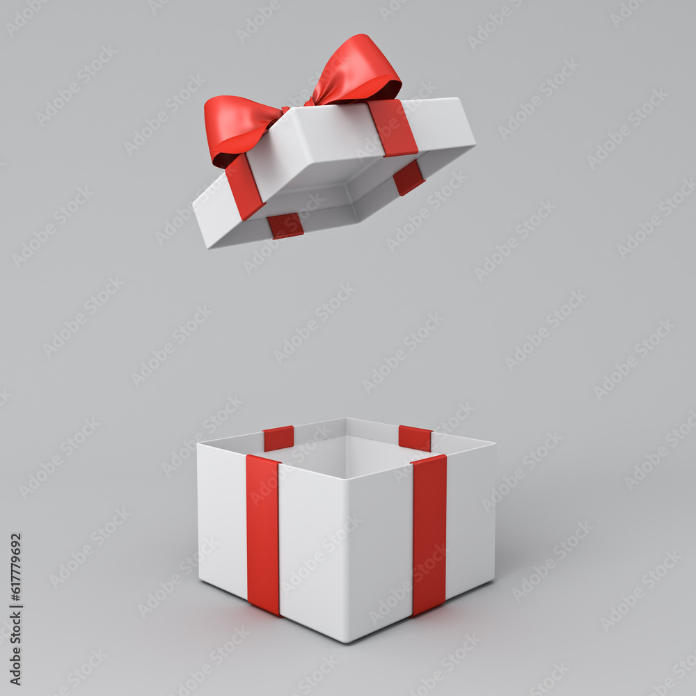 Poster Open white present box or gift box with red ribbons and bow isolated on white grey background with shadow minimal conceptual 3D rendering