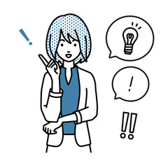 a woman in work jacket style getting a great idea standing with pointing hand gesture light bulb and exclamation symbol set