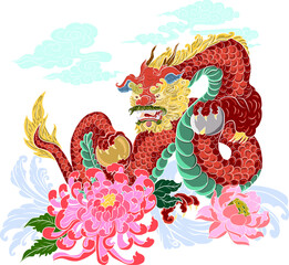 Japanese blue dragon tattoo.Dragon on white isolated background for Chinese New Year.Gold Chinese Dragon vector.Gold line art King Dragon tattoo.cartoon vector for t-shirt.