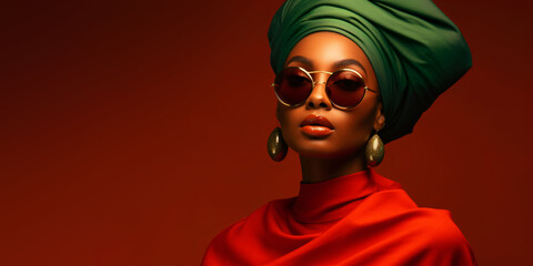 portrait of a black woman with turban and sunglasses in front of a red background with copy space, fictional person created with generative ai