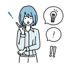 a woman in shirt work style getting a great idea standing with pointing hand gesture light bulb and exclamation symbol set