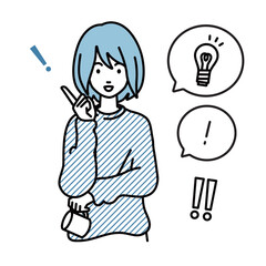 a woman in casual style getting a great idea standing with pointing hand gesture light bulb and exclamation symbol set