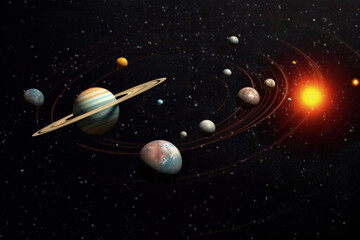 Celestial Wonders: The image presents our solar system, with planets orbiting the sun, against a backdrop of twinkling stars. The image depicts the beauty of space.