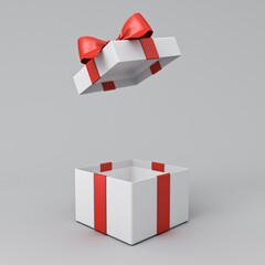 Open white present box or gift box with red ribbons and bow isolated on white grey background with shadow minimal conceptual 3D rendering
