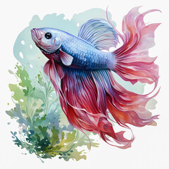 Watercolor red fairy flying fish with a large tail and fins