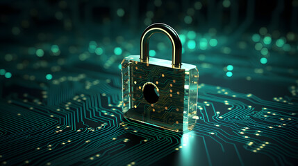 A padlock in front of a circuit board created with generative AI