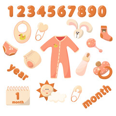 Baby sticker set. First year of life. Diapers, pacifier, rattles, calendar, clothes, panties, t-shirts, prints