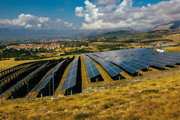 Solar panel industry in a mountain field concept for environmentally sustainable green energy. Sole...