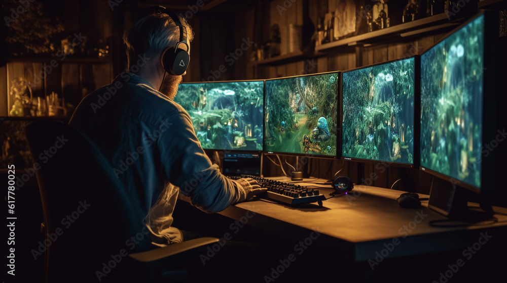 Poster man in a game developer immersed in the creative process, surrounded by computer screens and gaming 