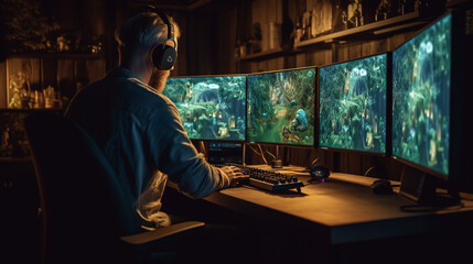 man in  a game developer immersed in the creative process, surrounded by computer screens and gaming consoles, AI-Generated