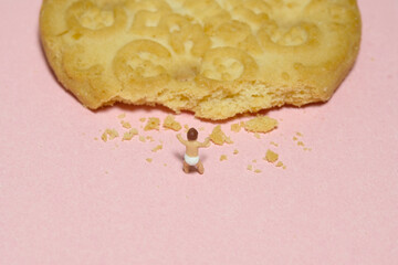 Miniature tiny people toy figure photography. A boy infant toddler stands eating biscuit cookies. Isolated on pink background