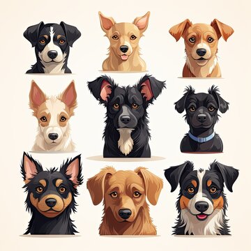 Cute dogs avatars set. Canine breeds, doggies heads portraits.