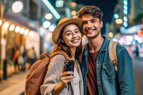 Asian couple backpackers take selfies with mobile phones in the city.