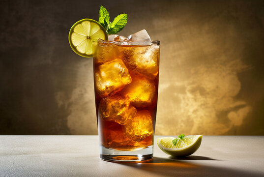 Long island iced tea on light rustic background. Summer cocktail with soda, lemon, ice and tea. Generative AI 