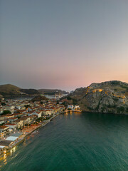 The castle of Myrina on the island of Limnos. With the old port and the city as a background.