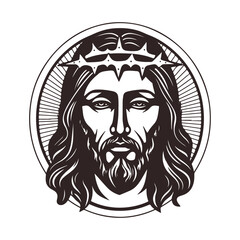 Vector Jesus Christ face silhouette isolated on white. Hand drawn vector illustration. Black Jesus icon logo	
