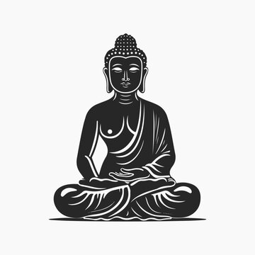 Vector silhouette of Buddha line drawing. Sketch of sitting meditating buddah statue. Vector illustration isolated on white keep calm	