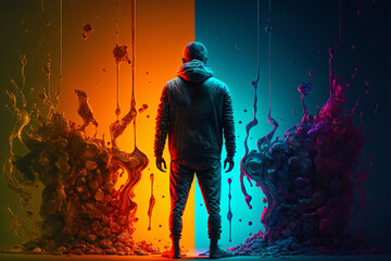 a man standing between two worlds, abstract colorful and liquid artwork, generative ai