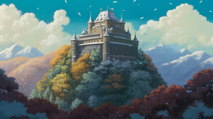 panorama of the castle autumn  Superb anime-styled and DnD environment