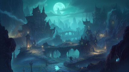 Fototapeta na wymiar fastasy illustration of a night dark castle Superb anime-styled and DnD environment