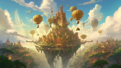 air balloon in the sky, fantasy floating city. Superb anime-styled and DnD environment