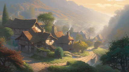 landscape with foggy village Superb anime-styled and DnD environment