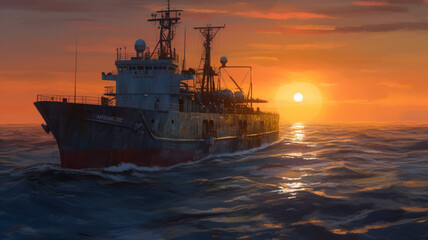 Fototapeta premium sunset over the sea and fishers ship Superb anime-styled and DnD environment