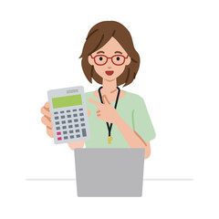 a woman teacher recommending, proposing, showing estimates and pointing a calculator with a smile in front of laptop pc