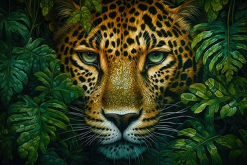 Fototapeta na wymiar Mesmerizing Leopard in Leafy Surroundings. Generative AI