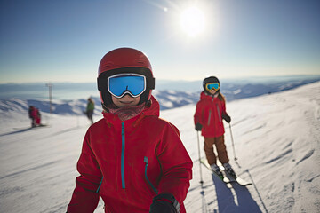 Fototapeta na wymiar Thrilling Winter Adventures: Boy and Girl Skiing under Clear Skies. Generative AI