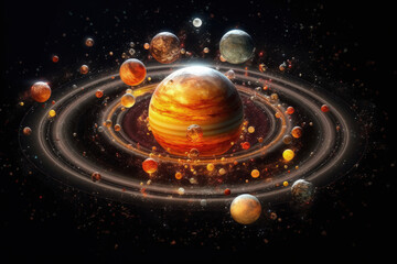 Celestial Dance: An Enigmatic View of the Universe: An artistic rendering of a planetary system, planets orbit a radiant central sphere, rings of light. Explore the vastness of space and a stunning.