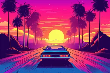 Fotobehang Summer vibes 80s style illustration with car driving into sunset. Generative AI 3 © MaVeRa